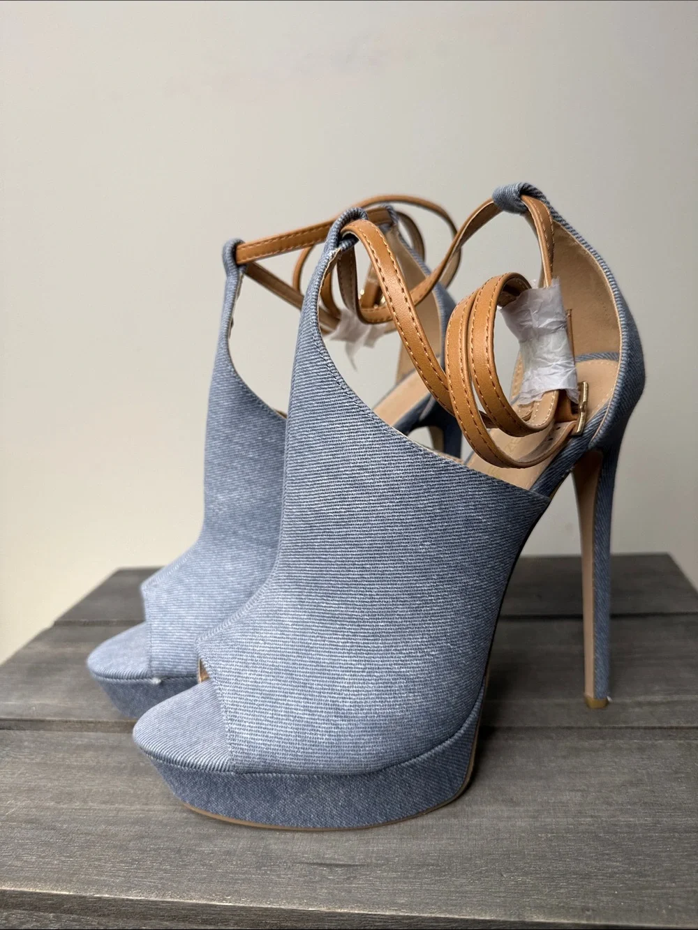 Shoe Dazzle Light Blue Denim Platform Ankle-Tie Stilettos